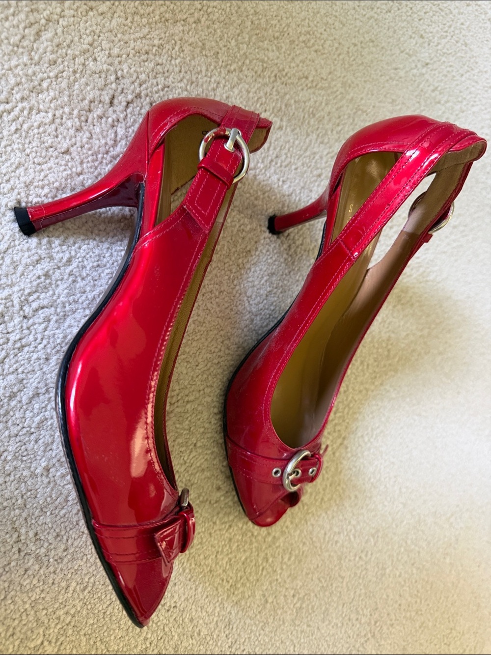 Stuart Weitzman Red Patent Peep-Toe Heels